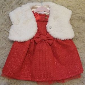 Red dress with faux fur shawl